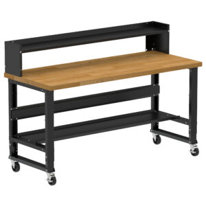 Borroughs Workbench On Casters, Black 72" Wide Rolling Adjustable Height Workbench with Hardwood Top with Bottom Shelf, Ledge Shelf, and Casters