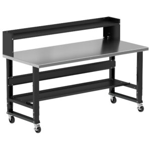 Borroughs Workbench On Casters, Black 72" Wide Rolling Adjustable Height Workbenches with Stainless Steel Top with Bottom Shelf, Ledge Shelf, and Casters