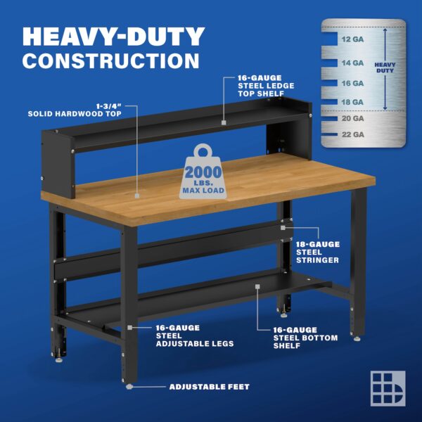 Image showcasing steel gauge details for a 60" Wide Adjustable Height Garage Wood Workbenches