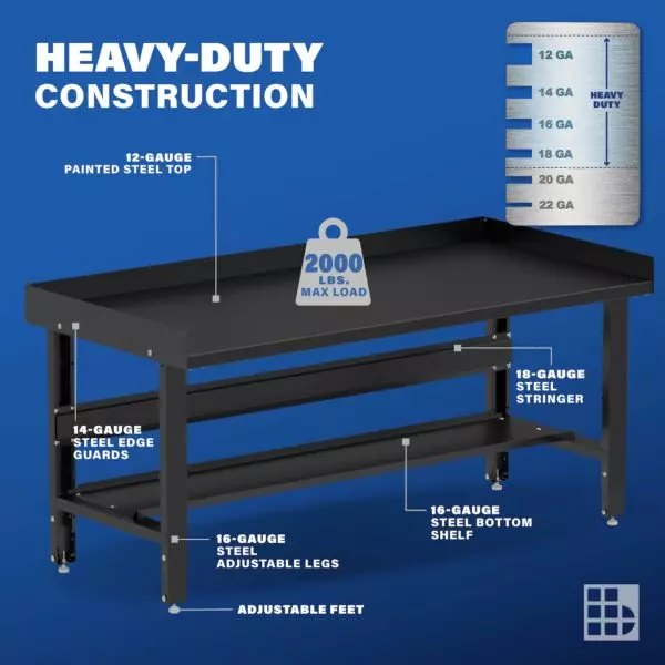 72 Wide Adjustable Height Workbenches with Steel Painted Top with Bottom  Shelf and Edge Guards - Borroughs, LLC