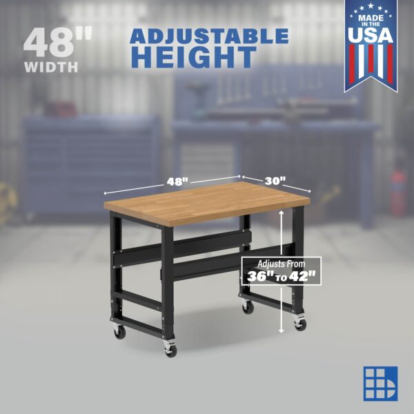 Image showcasing adjustable workbench and sizes for a 48" Wide Mobile wood top workbench