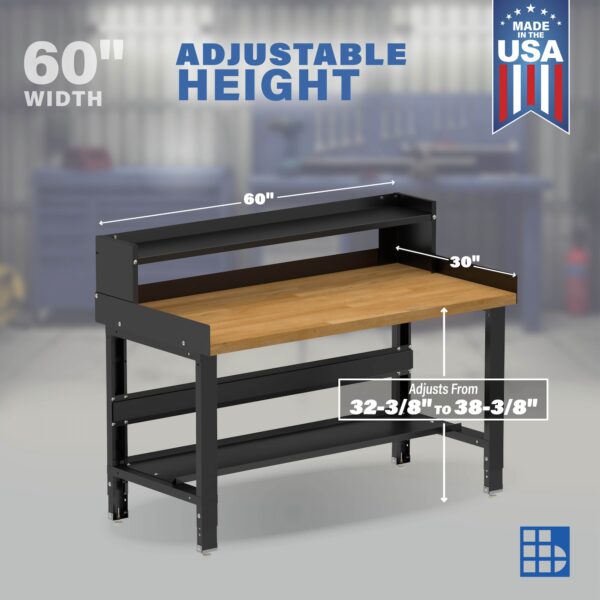Image showcasing adjustable workbench and sizes for a 60" Wide Wood Top Workbench
