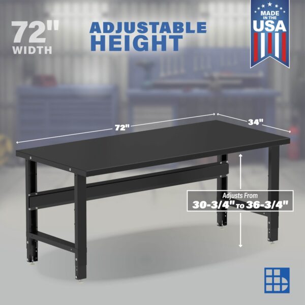 Image showcasing adjustable workbench and sizes for a 72 x 34 inch steel workbench