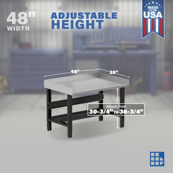 Image showcasing adjustable workbench and sizes for a 48" Heavy Duty Stainless Steel Workbench