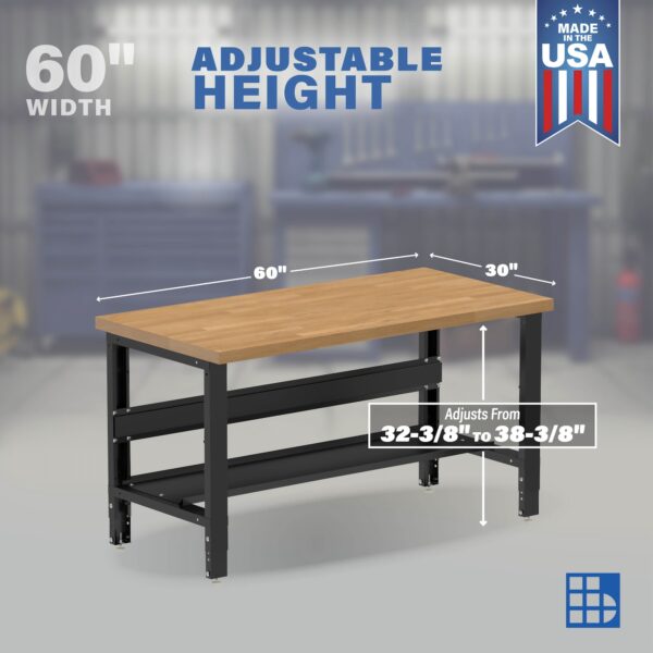 Image showcasing adjustable workbench and sizes for a 60" Wide Adjustable Height wood work bench