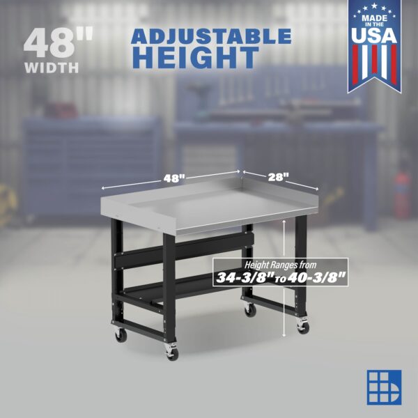 Image showcasing adjustable workbench and sizes for a 48" mobile garage workbench