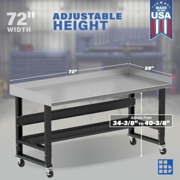 Image showcasing adjustable workbench and sizes for a 72" wide mobile garage workbench
