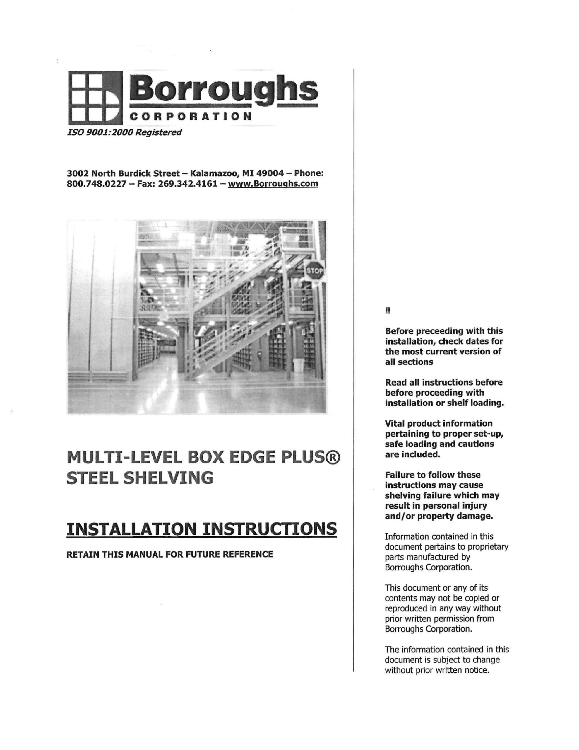 Borroughs Multi-level Box Edge Plus Industrial Steel Shelving Install Instructions Cover